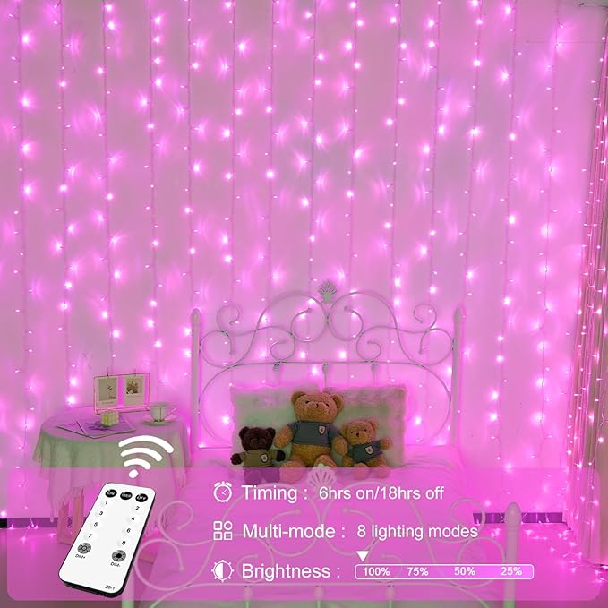 JMEXSUSS 300 LED Pink Curtain Lights Indoor, Christmas Lights Plug in, 8 Modes Pink String Lights for Bedroom Window Wall Party Backdrop Xmas Valentine Decorations, 9.8x9.8ft