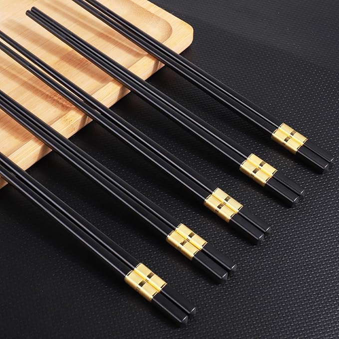 GLAMFIELDS 5 Pairs Premium Chopsticks Reusable Dishwasher Safe 9.5 Inch Fiberglass Chop Sticks Gift Set Non Slip Black+Gold