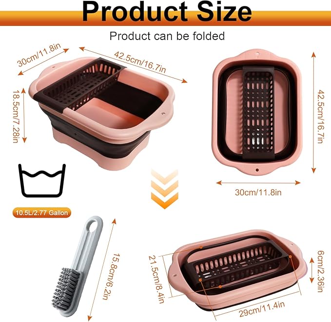 2.77 Gallon (10.5L) Collapsible Dish Basin with Drain Plug, Pink Camping Dish Basin for RV, Space-Saving Foldable Washing Bin, BPA-Free Portable Sink for Vegetables and Dishes - with Brush