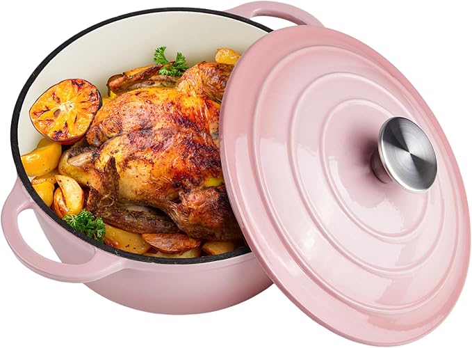 3 Quart Dutch Oven Enameled Cast Iron with Lid - Big Dual Handles - Oven Safe up to 500°F - Classic Round Pot for Versatile Cooking Pink