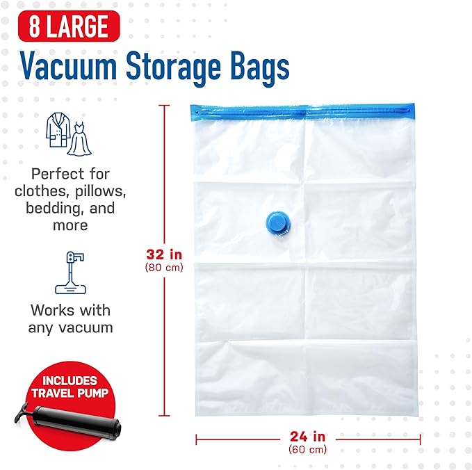 8 Pack Large Vacuum Storage Bags for Comforters, Blankets & Clothes – Vacuum Sealed Compression Bags with Hand Pump – Space Saver Storage Bags for Bedding, Moving, Travel & Organization