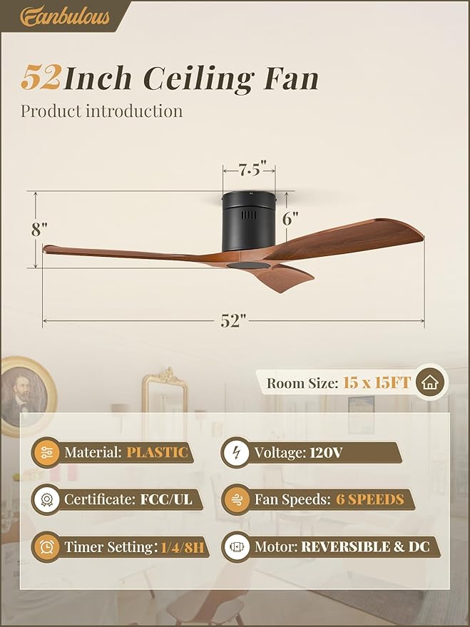 52" Ceiling Fans without Lights, Flush Mount Ceiling Fan with Remote Control Modern,Low Profile Ceiling Fans with 6-Speeds Reversible DC Motor for Patio Living Room Bedroom(Walnut)