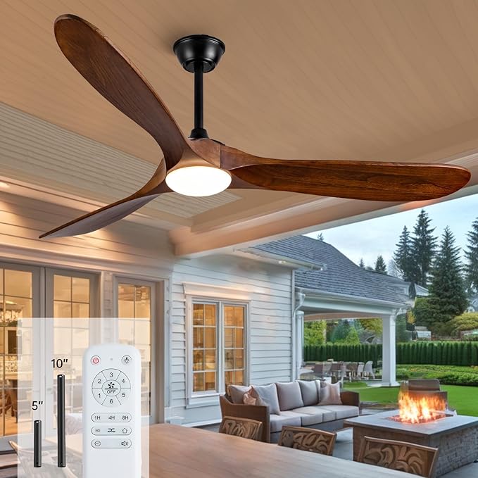 60 Inch Outdoor Ceiling Fans with Lights and Remote,3 Blades Wood Propeller, Quiet DC Motor,Rustic Outdoor Ceiling Fans for Patios,Farmhouse,Living Room,Bedroom, Indoor,Walnut
