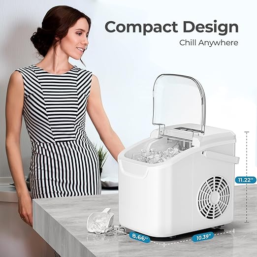 Countertop Ice Maker Machine, 8 Ice Cubes in 6 mins, 26lb/Day Ice with 2 Sizes- Portable Mini, Energy Saving & Basket/Scoop for Home/Party/Travel/Camping/Bar,White