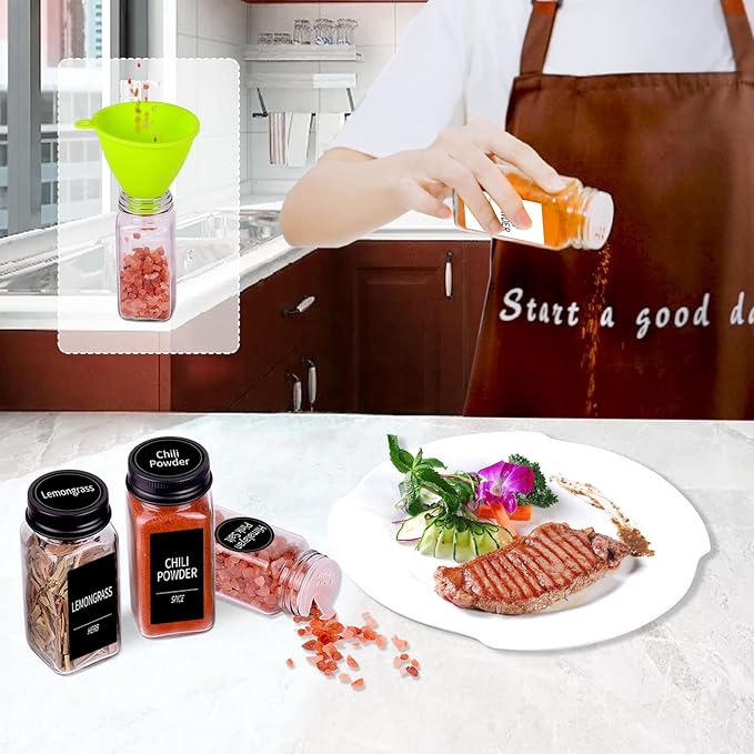 Churboro 25 Spice Jars with 547 Labels- Glass Spice Jars with Black Metal Caps, 4oz Empty Spice Containers with Shaker Lids, Funnel, Chalk Pen, Square Seasoning Bottles for Spice Rack, Drawer, Cabinet