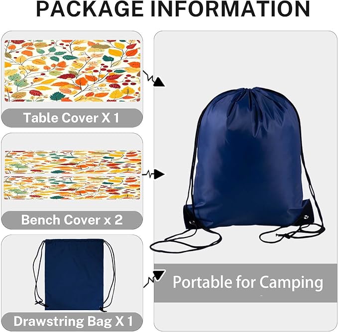 CAPSCEOLL Elastic Picnic Table Cover with Bench Covers 5Ft Waterproof Fitted Picnic Table Cover Cloths for Outdoors Camping Tablecloth with Drawstring Bag, 60X30in, Fall Leaves