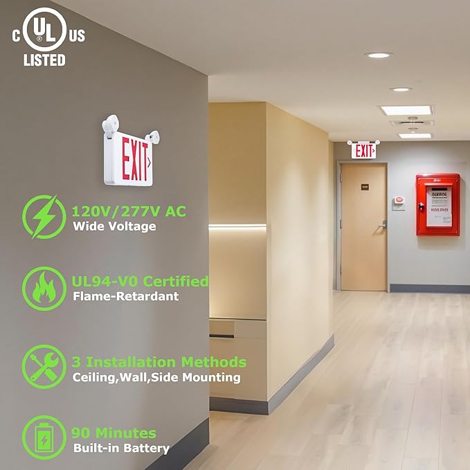 Gruenlich Red Exit Sign with Emergency Lights, 2 Adjustable LED Heads and Backup Battery, UL 924, AC 120/277V, Commercial Hardwired Exit Light for Business, 6 Pack