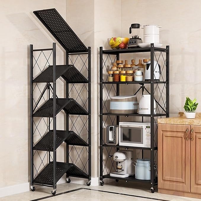 4-Tire Storage Rack, 28 * 13 * 50in Foldable Metal Garage Storage Shelves Organizer, Portable Metal Kitchen Shelving, Closet Shelving Unit Bakers Rack Microwave Stand, Green(Tiered Shelf-4)