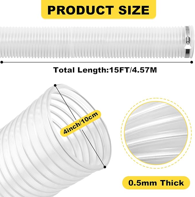 4"x15'Dust Collection Hose,4 Inch Dust Collection Tube with 304 Stainless Steel Hose Clamps,PVC 4 Collector Flexible Tube- Puncture Resistant(4"x15')