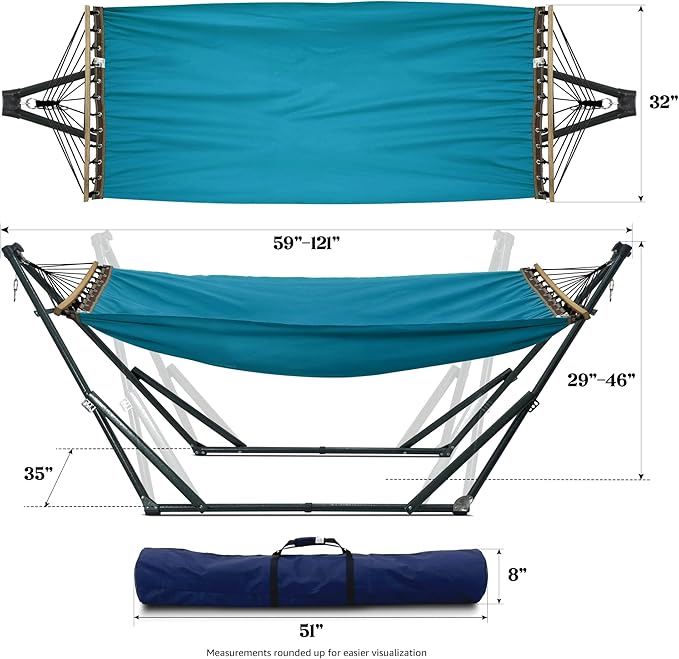 Tranquillo Canvas Hammock with Stand Heavy-Duty, Hammock Quick Fold Unfold Steel Frame Hammock, Portable Hammock Stand Spreader Bar, 600 lbs Capacity Portable Relaxation Gear, Blue