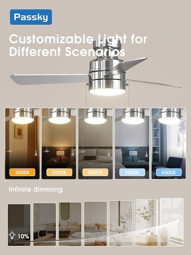 Ceiling Fans with Lights, 42 inch Low Profile Ceiling Fan with Pull Chain and Remote Control, Flush Mount, Reversible, 5CCT, Dimmable, Noiseless, Nickel Pull Cord Ceiling Fan for Bedroom