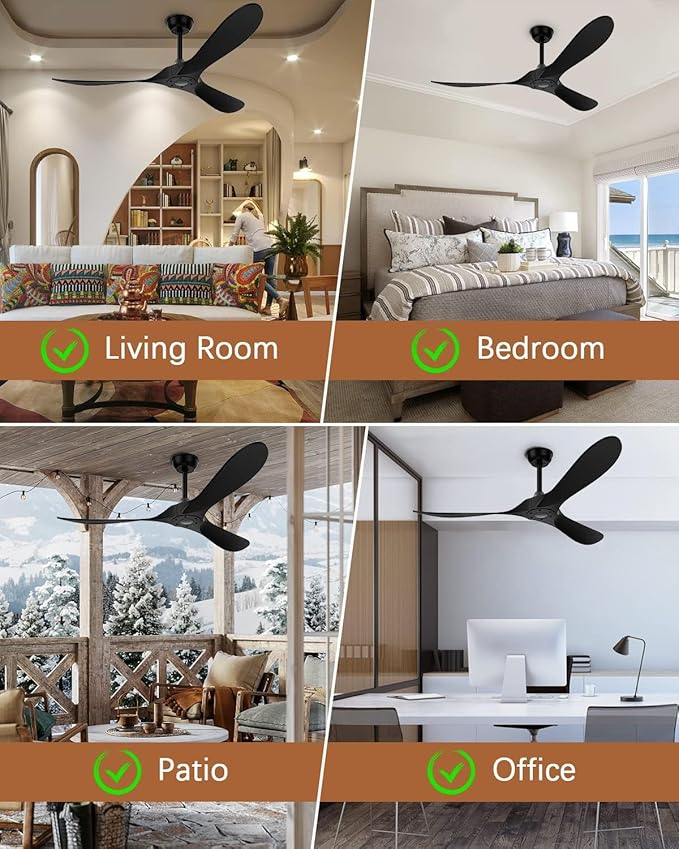 Black Ceiling Fan No Light, 52 in Outdoor Ceiling Fan with Remote, Indoor Ceiling Fans without lights 3 Blades, 6 Speed Reversible DC Motor Modern for Patios, Kitchen, Bedroom, Porch (Black)