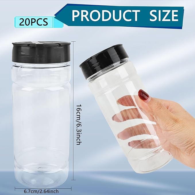 20 Pack 16 oz Plastic Spice Jars with Black Shaker Cap Reusable Seasoning Containers Jars with Shaker Lids Clear Empty Plastic Bottle for Storing Spice Seasoning Powders