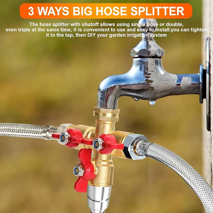 3 Way Hose Splitter, High Flow 3 Way Brass Hose Splitters with Metal Handle and Shutoff Valve, 3/4'' GHT Thread Garden Tap Triple Splitter