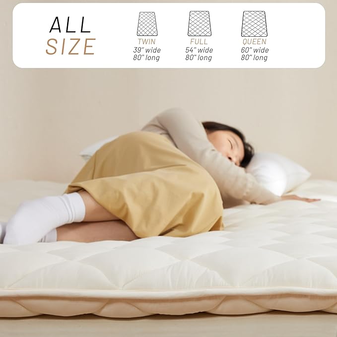 Japanese Floor Futon Mattress, Tatami Mat Sleeping Pad, Shikibuton, Mattresses Topper, Boys Girls Roll Up Dormitory Mattress, Foldable & Portable Floor Lounger Bed, Guest Bed (Cream, Queen)