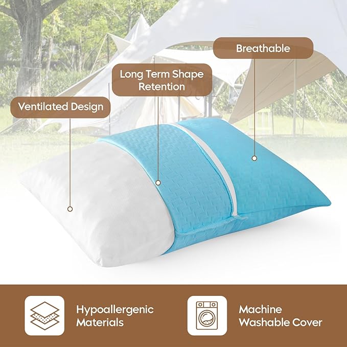 Small Shredded Memory Foam Pillow, Camping Pillow Travel Pillow - Compressible Medium Firm, Breathable Cover, Ideal Backpacking Hiking, Airplane and Car (Sky Blue, M)