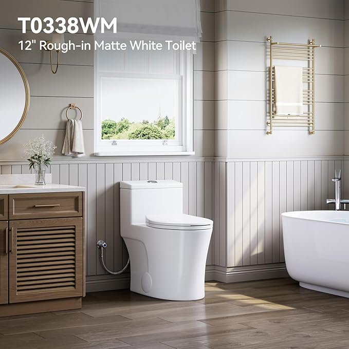 HOROW T0338WM Elongated One Piece Toilet Matte White, ADA Toilet 17.3" with Comfort Chair Height Seat, 0.8/1.28 GPF Powerful Dual Flush Toilet for Bathroom, MAP 1000g, 12" Rough-in Skirted Toilet Bowl