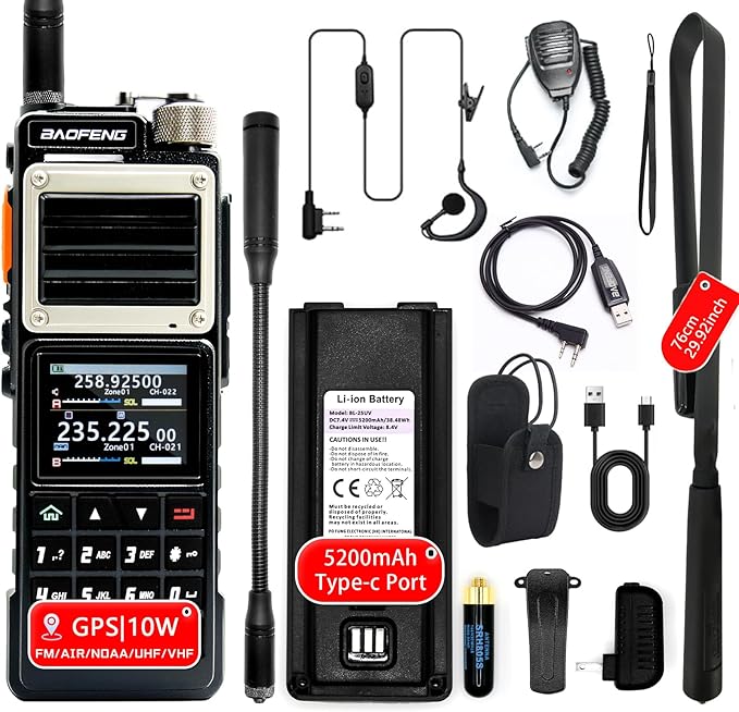 BAOFENG UV-25 PRO 10W Heavy Duty Radio Handheld Tri Band Baofeng Waterproof Radio Tri Band Ham Radios 999CH 5200MAh BatteryType-C Charging UHF VHF MW FM Air NOAA Multi-Band Receiver (Black)