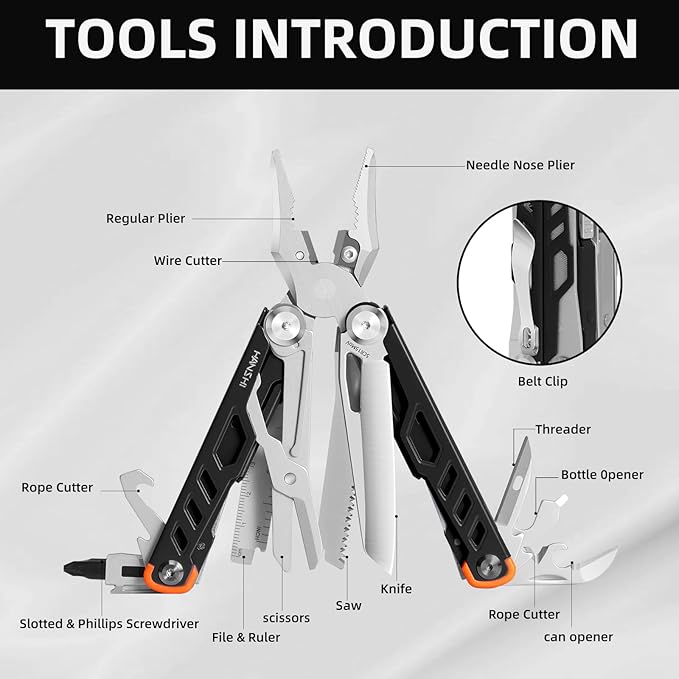 HANSHI 15 in 1 Multitool Pliers with Scissors, Upgraded Heavy Duty Stainless Steel Multi Tool with YG10 Tungsten Steel Replaceable Wire Cutters for Survival, Camping, Hiking,Repair and Gift (Black)