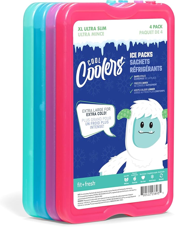 Cool Coolers by Fit & Fresh 4 Pack XL Slim Ice Packs, Quick Freeze Space Saving Reusable Ice Packs for Lunch Boxes or Coolers, Multi
