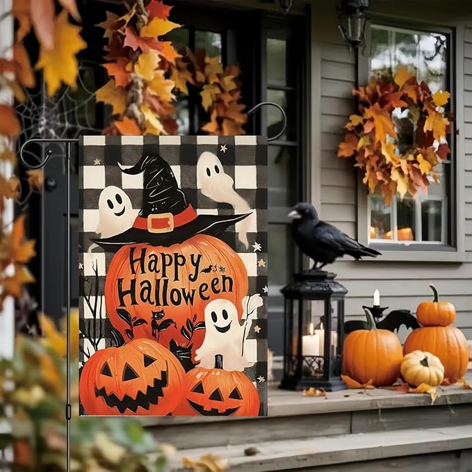 Happy Halloween Garden Flag 12X18 Inch Double Side,Ghost Outside Yard flag, Pumpkin Jack O Lantern Small Garden Flag Decorative,Outdoor Flag for Holiday Patio Courtyard Lawn