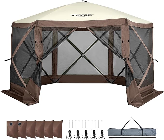 VEVOR Pop Up Gazebo Screen Tent 6 Sided Canopy Sun Shelter with 6 Removable Privacy Wind Cloths & Mesh Windows, 12.5x12.5FT Quick Set Screen Tent with Mosquito Netting, Brown