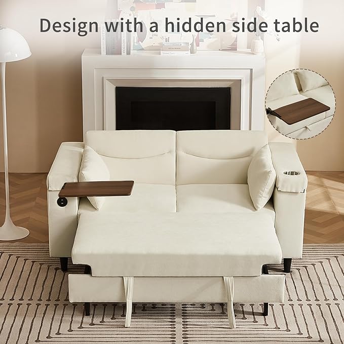 66" Pullout Couch Sleeper Sofa with Hidden Side Table, Storage Armrests & USB Charging – Convertible Sofa Bed with Spring Mattress & Wood Frame, Great for Small Spaces (ZY-2027-White)