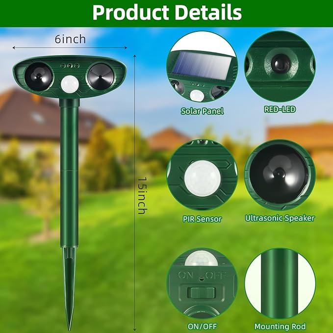 4 Pack Ultrasonic Solar Animal Repellent Outdoor,Deer Repellent Devices Motion Detection,Cat Skunk Dog Raccoon Squirrel Rabbit Deterrent,Waterproof Animal Repeller for Yard Farm