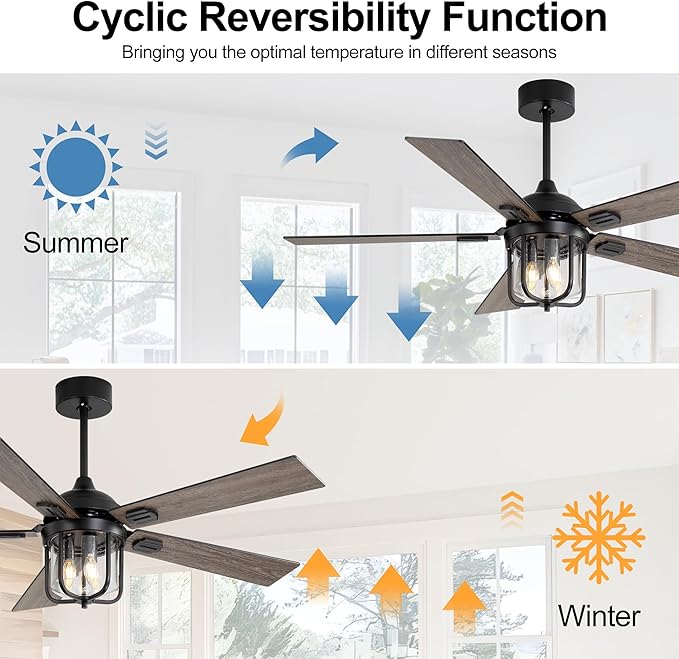 52-Inch Outdoor Waterproof Ceiling Fan with Light and Remote Control, Suitable for Use on Terraces and Porches. It Has a Timing Function (1/2/4/8H)(Walnut)
