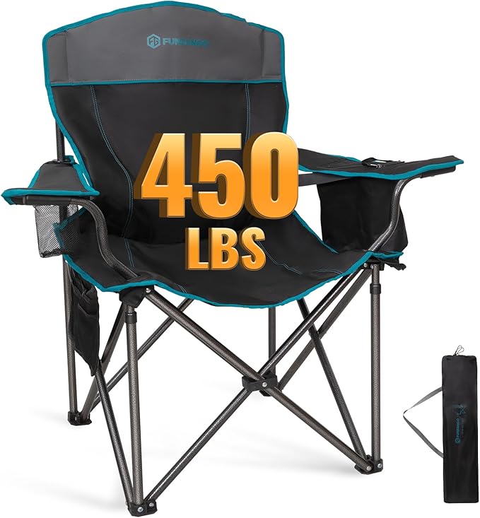 FUNDANGO Oversized Camping Chair for Adults, Heavy Duty Foldable Portable Lawn Chair with Padded Seat & Back, 4-can Cooler & Cup Holder, Carry Bag Included for Outdoor (Black/Grey)