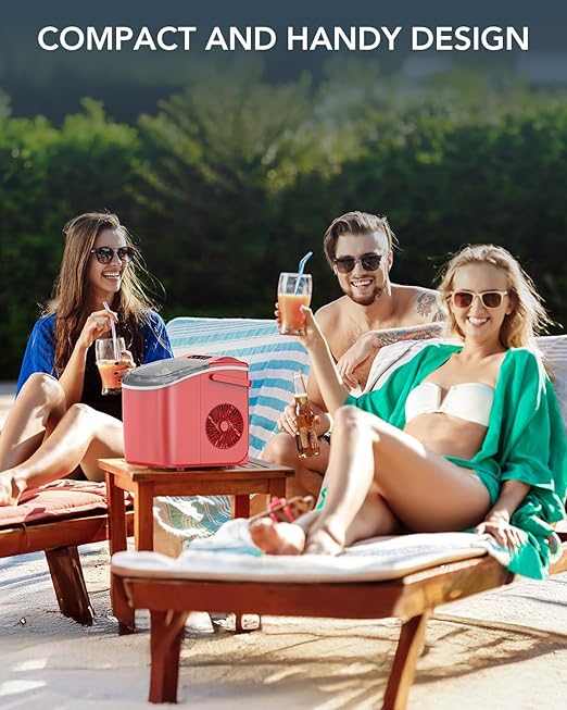 Ice Maker Countertop, Efficient Easy Carry Ice Machine, Self-Cleaning Ice Maker with Ice Scoop & Basket, 9pcs/ 8mins 26.6Lbs Per Day for Home/Office/Kitchen,RED