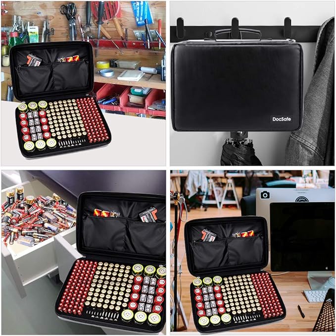 DocSafe Fireproof Battery Organizer Storage Box,Fireproof Waterproof Carrying Case Bag Holder,Safe Storage Holds 200+ Batteries AA AAA C D 9V, with Battery Tester BT-168 (Not Includes Batteries)
