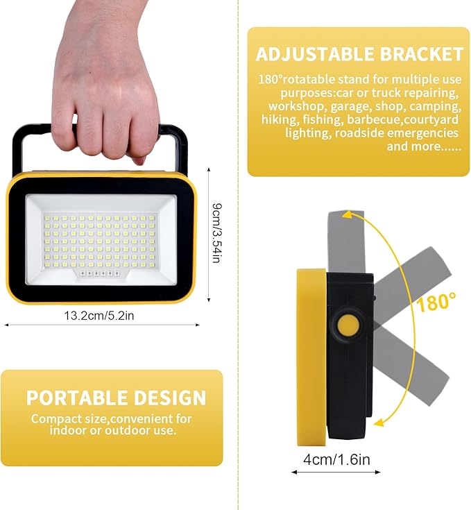 40W Rechargeable Work Light with Tripod Hole, 2400LM LED Work Light Battery Powered, Waterproof Portable Work Light Cordless Job Site Lighting 180° Rotate for Garage Camping Car Repairing 2 Pack