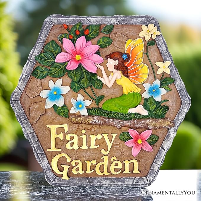 Elegant Resin Stepping Stone, Outdoor Garden Pathway Decoration (Fairy Kisses and Flowers Garden Stepping Stone, 9.5" Outdoor Decoration Statue)