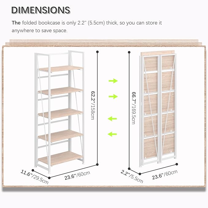 4NM No Assembly Folding Bookshelf, 5-Shelf 62.2" H Collapsible Foldable Bookcase Storage for Small Spaces, Natural White