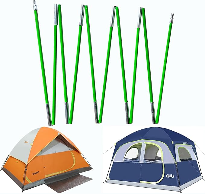 Tent Pole, Replacement Tent Pole, Telescopic Rod, Collapsible Green Fiberglass Poles with Metal Connectors ， 24 FT Long and 9.5 mm in Diameter， Universal Fit for Outdoor Tents （2 Pack ）