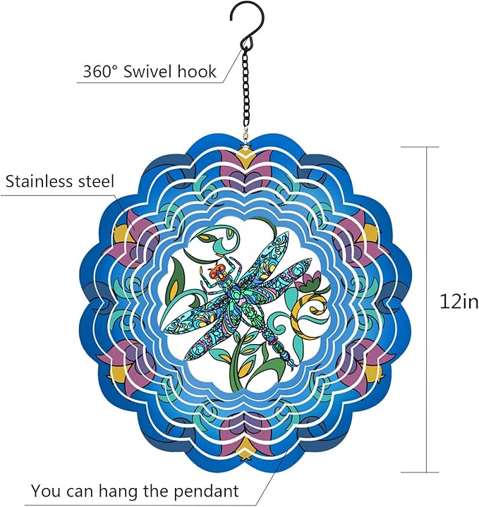Dragonfly Metal Wind Spinners - Gifts for Women Mom Grandma Wife, Hanging Wind Spinner for Outdoor & Indoor Decorations, 12 inch Wind Spinner for Christmas Ornament Gifts