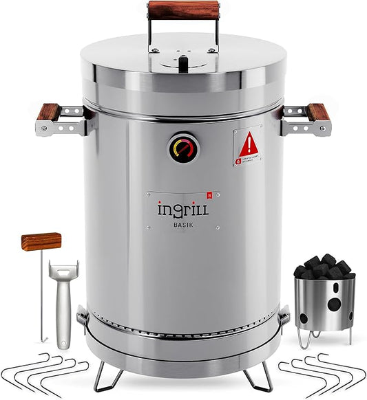 Charcoal Grills - Basic 12 lbs - Stainless Steel Smoker Grill 3-in-1 for Cooking & Home BBQ - Portable Vertical Smoker Barrel for Outdoor & Camping - Meat Grill with Thermometer & Accessories