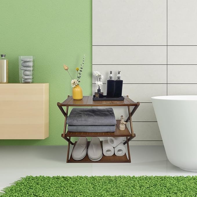 Foldable Bamboo Shelf, Folding Shoe Rack, Flower Rack, Camping Rack, No Installation Required, Portable, Space Saving, Multi-Purpose Storage Rack (Walnut,3 Tiers)