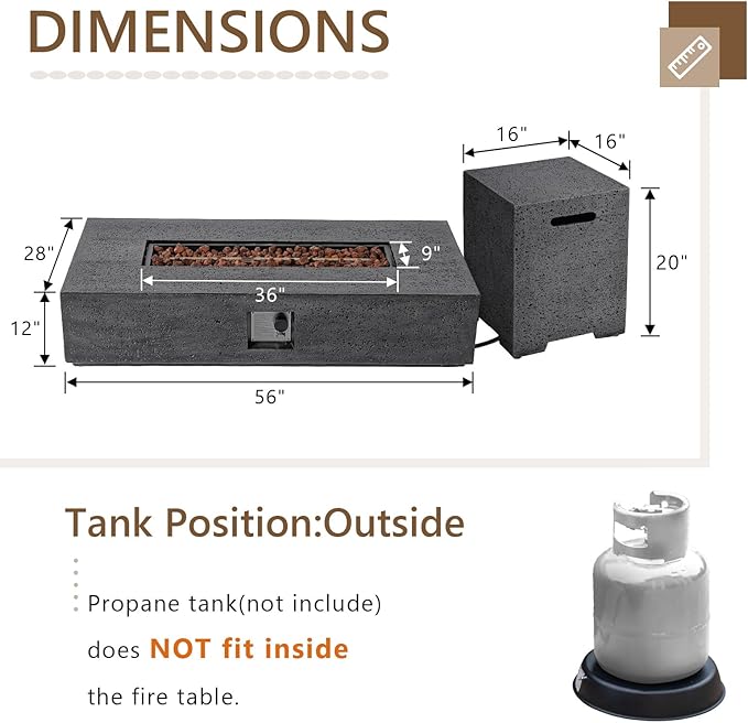 COSIEST 56" Rectangular Outdoor Propane Fire Pit Coffee Table w Concrete Rectangle Base, CSA Certified, 50,000 BTU, Free Lava Rocks and RainCover, Fits 20lb Tank Outside,Tank Cover, Gray