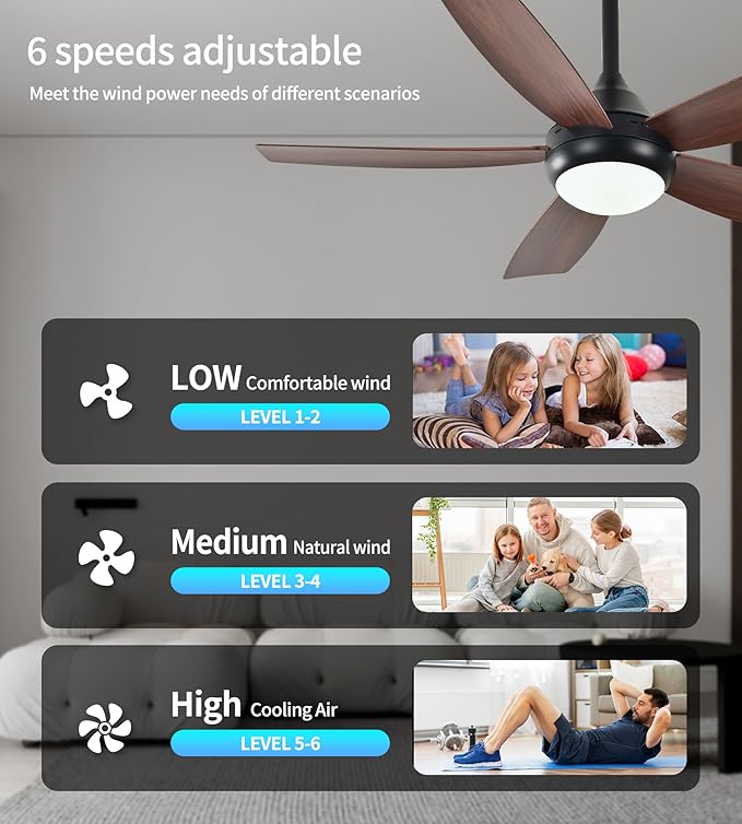 Ceiling Fans with Lights and Remote Control, 42 Inch Ceiling Fan with Light for Bedroom Living Room and Patio, Quiet 6 Speeds DC Reversible, Dimmable, Noiseless, Low Profile Ceiling Fans