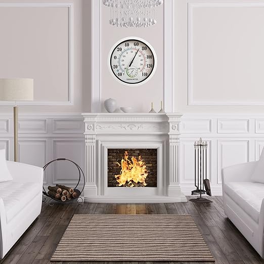 Indoor Outdoor Thermometer Large Numbers 12 Inch Wall Weather Thermometer Hanging Garden Decor Hygrometer No Battery Needed (White)