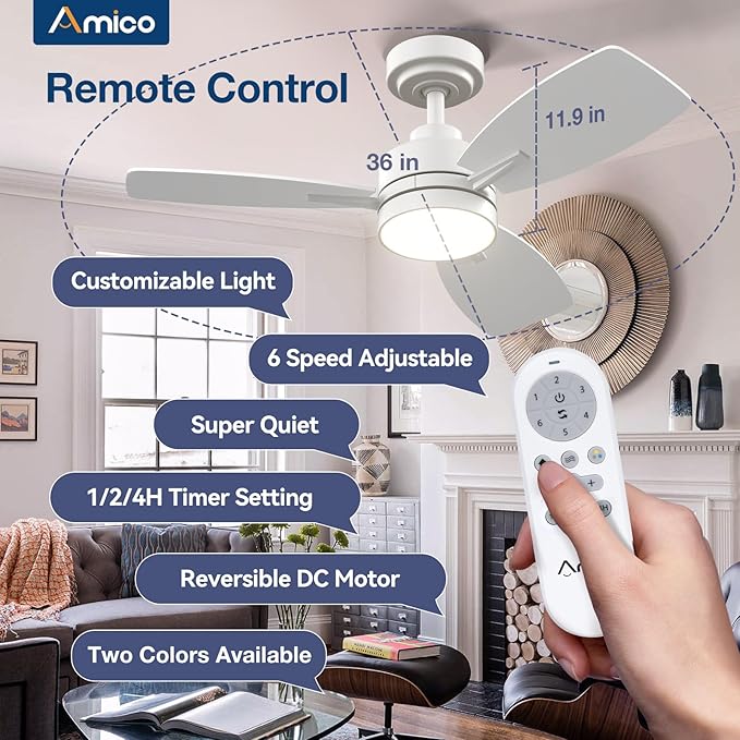 Amico Ceiling Fans with Lights, 36 inch Ceiling Fan with Light and Remote Control, Reversible, 3CCT, Dimmable, Noiseless, Small White Ceiling Fan for Bedroom, Indoor/Outdoor Use