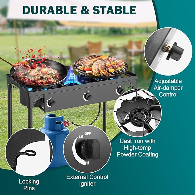 3 Burner Propane Gas Stove for Outdoor Cooking| 225,000 BTU High-Pressure Heavy-Duty Camping Stove with Regulator, Detachable Legs | Portable for Backyard Cooking, BBQ, Baking and Frying
