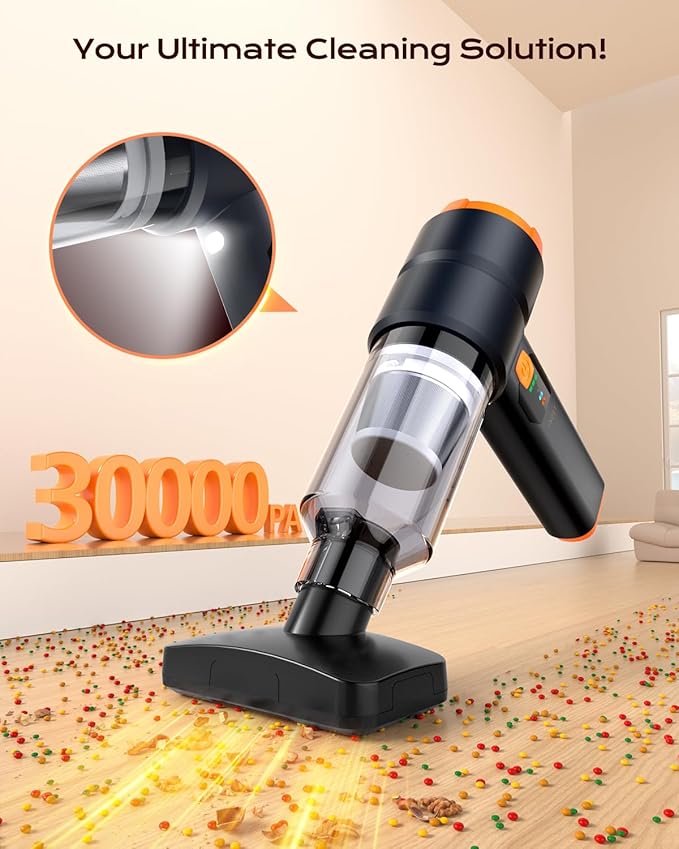 Car Vacuum Portable Cordless, Handheld Vacuum Cordless with 30000PA Suction, 130000RPM, 6800mAh Battery, 10 Nozzles, Rubber Paint Material for Car, Home, Pet Cleaning（Black Orange）