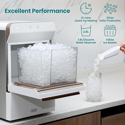 Gevi V2.0 Nugget Ice Maker Countertop 30lbs/24H, Pellet Ice Makers with Self-Cleaning & Energy-Efficient, Chewable Pebble Ice Machine for Home, White