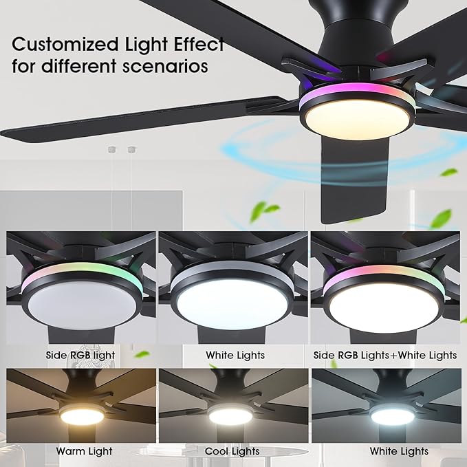 52" RGB Ceiling Fans with Lights and Remote/APP,Black Low Profile Ceiling Fans with Quiet Reversible DC Motor,Modern Flush Mount Ceiling Fan Light for Bedroom Kids Room