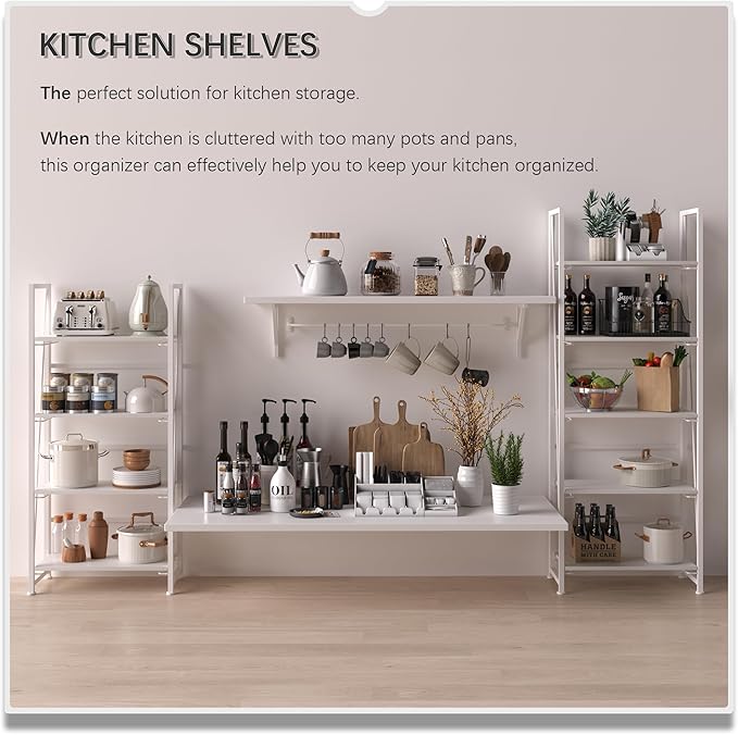 4NM No-Assembly Folding Bookshelf Storage Shelves 4 Tiers Vintage Bookcase Standing Racks Study Organizer Home Office (All White)