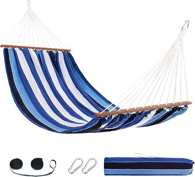 Lazy Daze Hammocks Cotton Fabric Spreader Bar Hammock, Outdoor Portable Hammock with Carrying Bag & Tree Straps for Bedroom, Patio, Backyard, Balcony, Max 450lbs Capacity, Blue