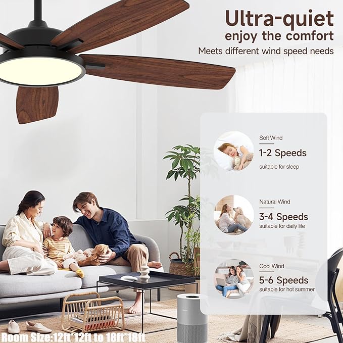 Roomratv 52 Inch Smart Ceiling Fan with Light,App Control,Ultra Silent Reversible DC Motor Fan Remote Control Compatible with Alexa Google home（black）